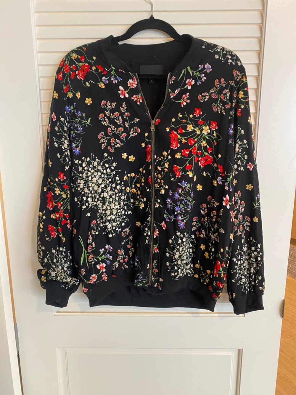 Cynthia Rowley Black Floral Zip Bomber Jacket